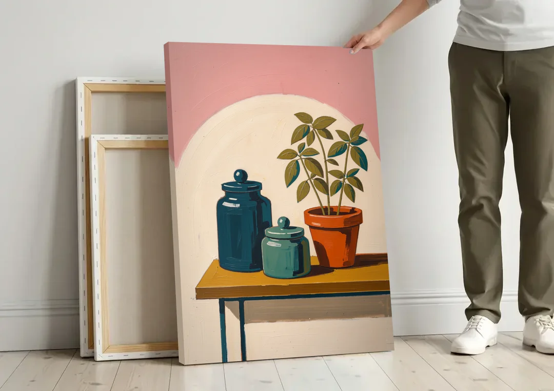 Mid Century Modern Kitchen Art with Jars and Basil canvas wall art leaning against a wall next to blank canvases