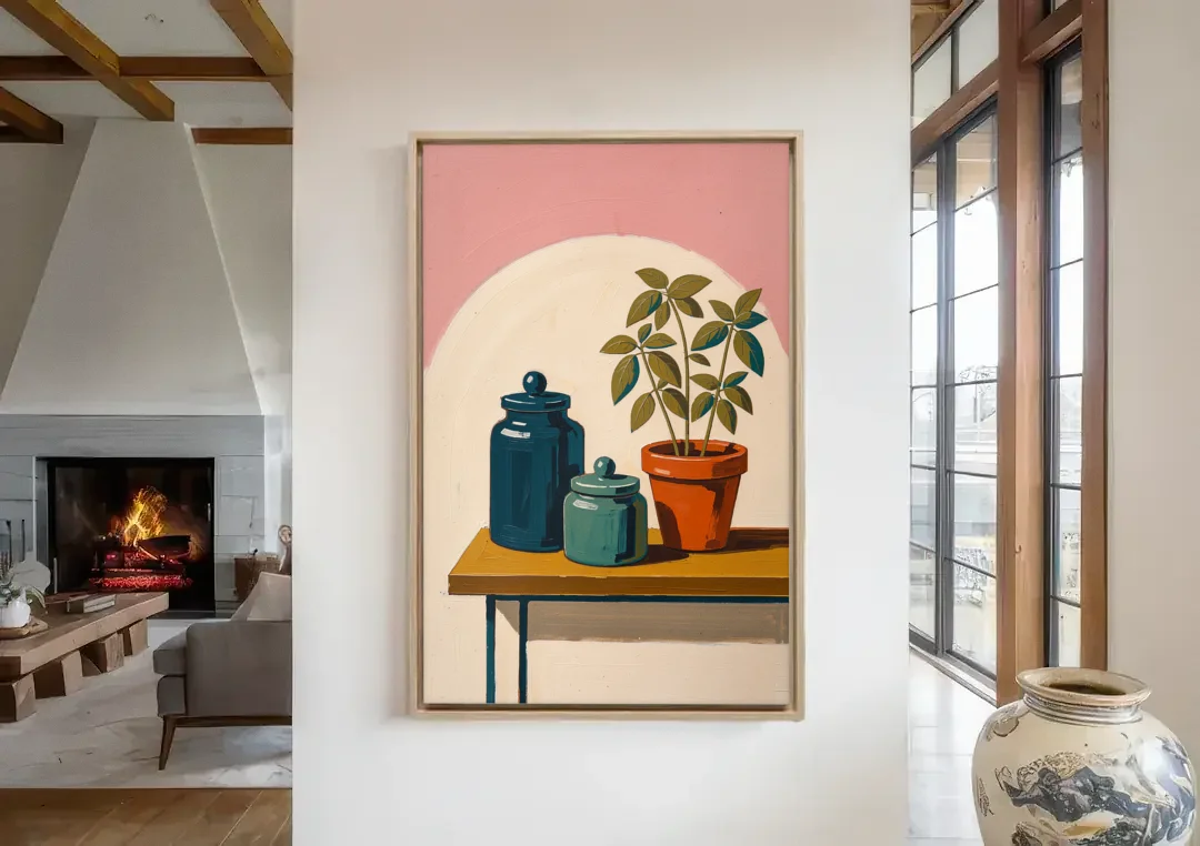 Mid Century Modern Kitchen Art with Jars and Basil canvas wall art in a living room with a fireplace