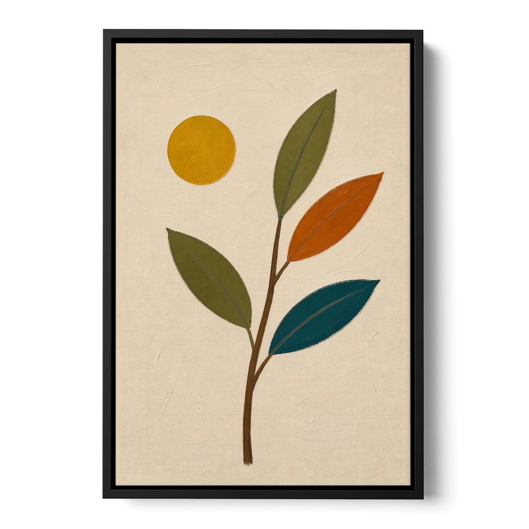 Mid Century Modern Paintings of Three Leaves and Sun - Black Framed Canvas Wall Art - Front