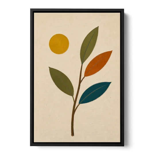 Mid Century Modern Paintings of Three Leaves and Sun - Black Framed Canvas Wall Art - Front