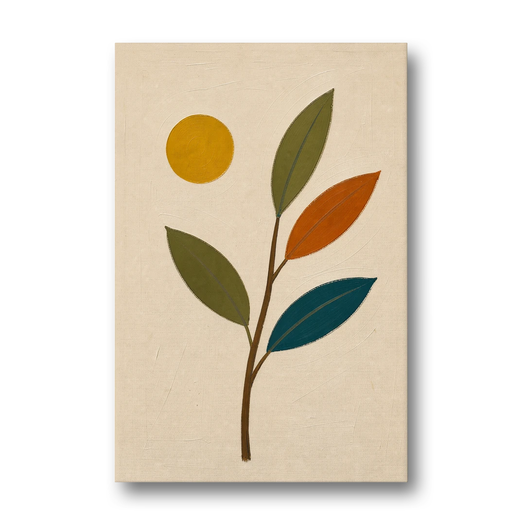 Mid Century Modern Paintings of Three Leaves and Sun - Canvas Wall Art - Front