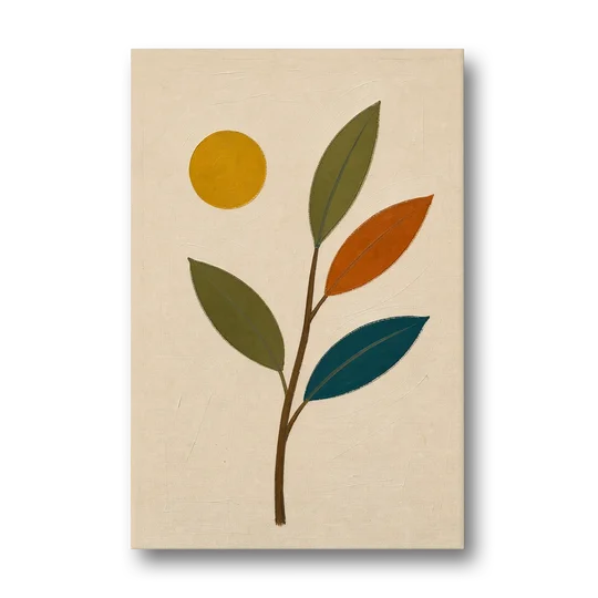 Mid Century Modern Paintings of Three Leaves and Sun - Canvas Wall Art - Front