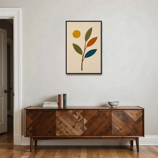 Mid Century Modern Paintings of Three Leaves and Sun - Black Framed Canvas Wall Art - Coffee Table - 24x36