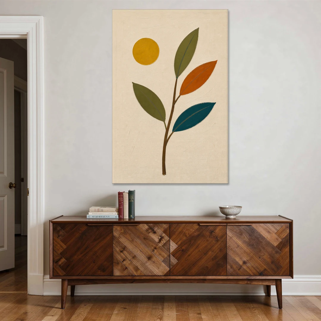 Mid Century Modern Paintings of Three Leaves and Sun - Canvas Wall Art - Coffee Table - 40x60