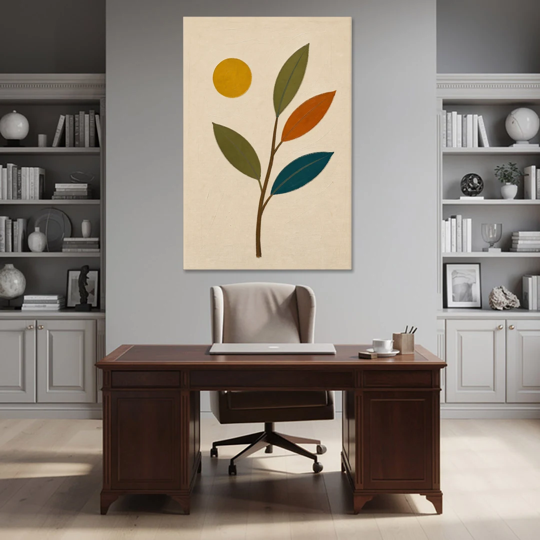 Mid Century Modern Paintings of Three Leaves and Sun - Canvas Wall Art - Office - 40x60