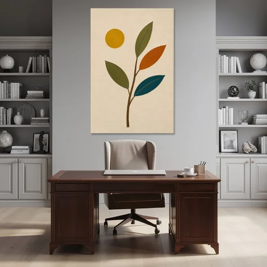 Mid Century Modern Paintings of Three Leaves and Sun - Canvas Wall Art - Office - 40x60