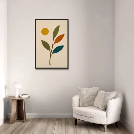 Mid Century Modern Paintings of Three Leaves and Sun - Black Framed Canvas Wall Art - Sofa - 24x36