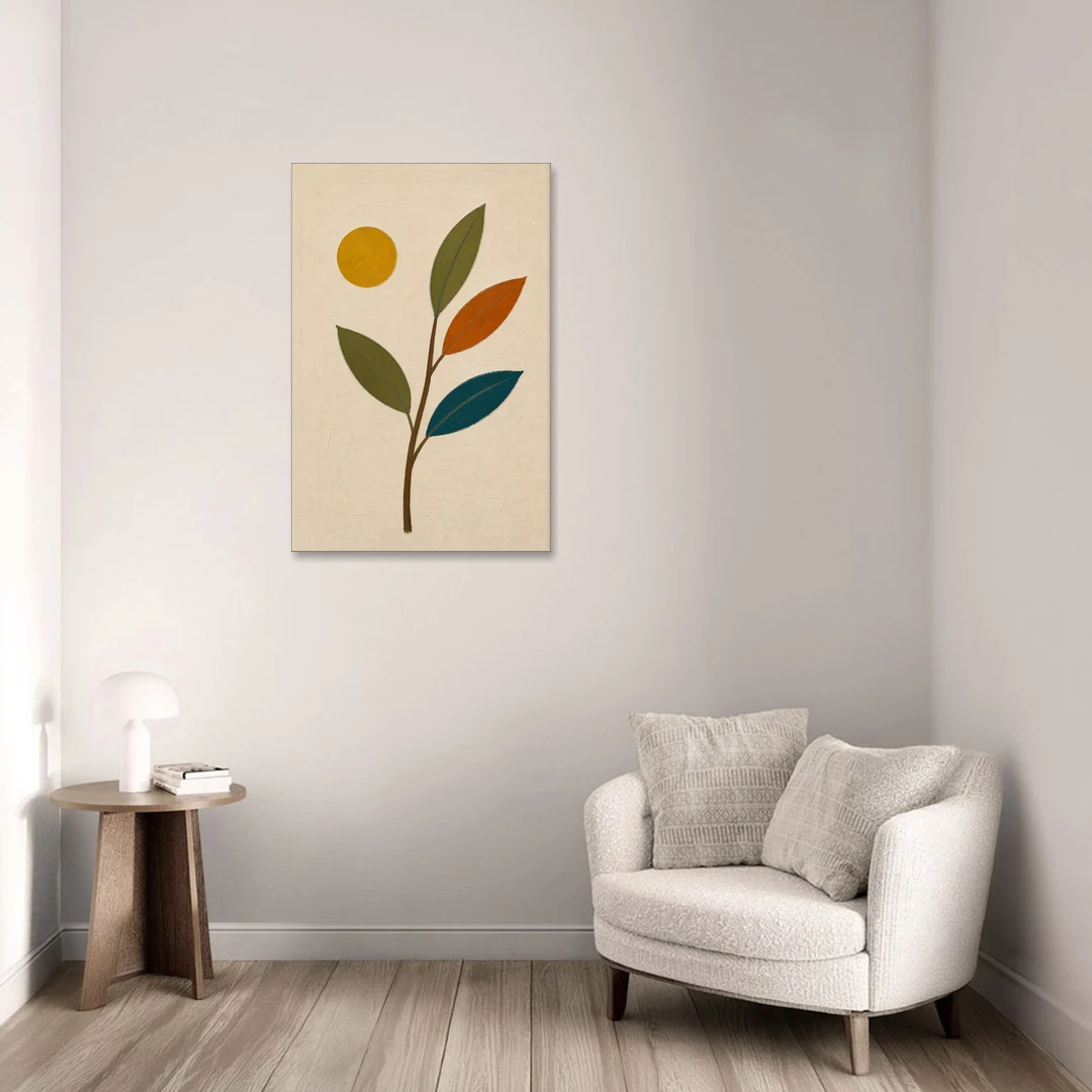 Mid Century Modern Paintings of Three Leaves and Sun - Canvas Wall Art - Sofa - 24x36