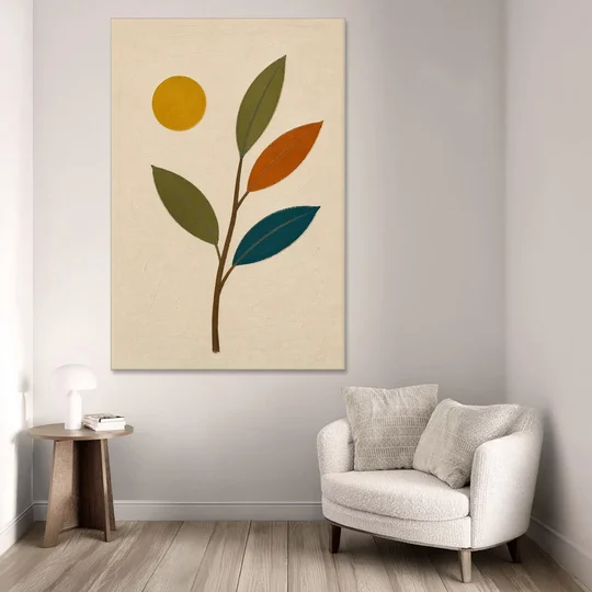 Mid Century Modern Paintings of Three Leaves and Sun - Canvas Wall Art - Sofa - 40x60