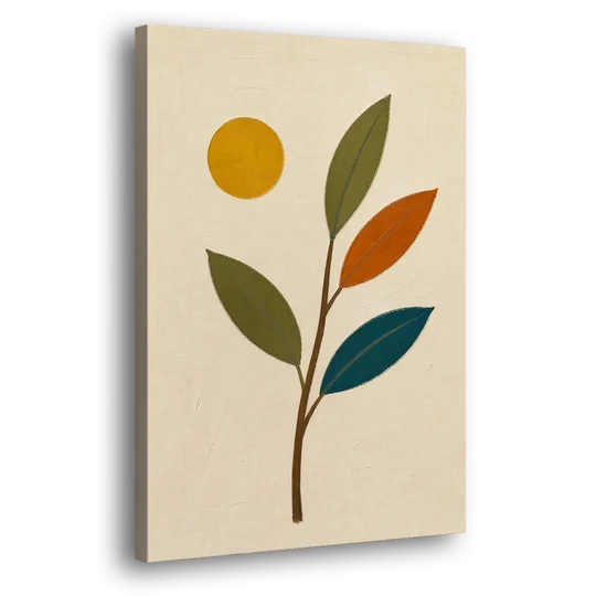 Mid Century Modern Paintings of Three Leaves and Sun - Canvas Wall Art - Side