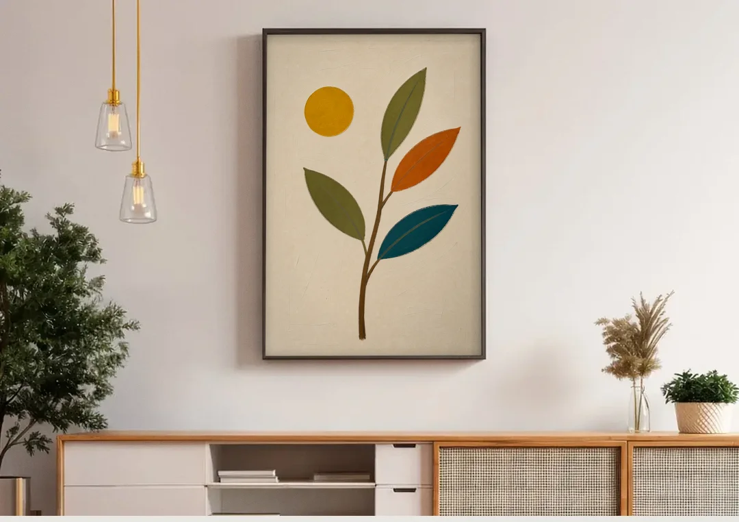 Mid Century Modern Paintings of Three Leaves and Sun canvas wall art above a wooden sideboard under pendant lights