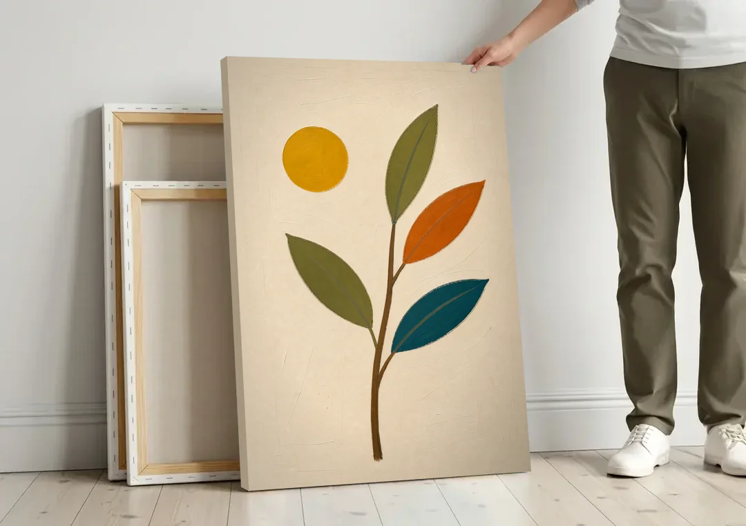 Mid Century Modern Paintings of Three Leaves and Sun canvas wall art leaning against a wall next to blank canvases