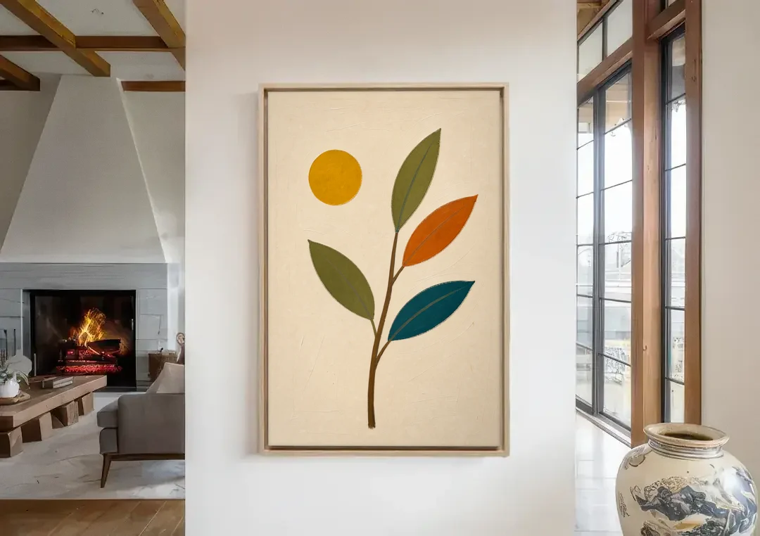 Mid Century Modern Paintings of Three Leaves and Sun canvas wall art in a living room with a fireplace