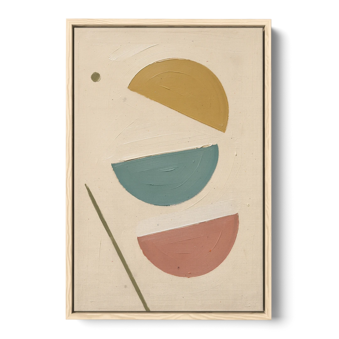 Mid Century Modern Prints of Three Tipping Half Moons - Oak Framed Canvas Wall Art - Front