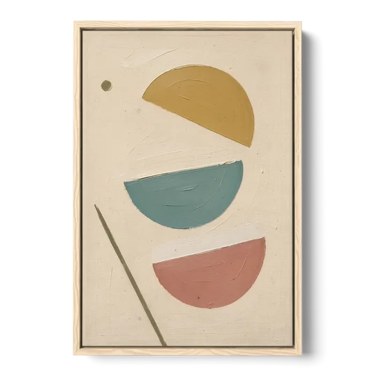 Mid Century Modern Prints of Three Tipping Half Moons - Oak Framed Canvas Wall Art - Front