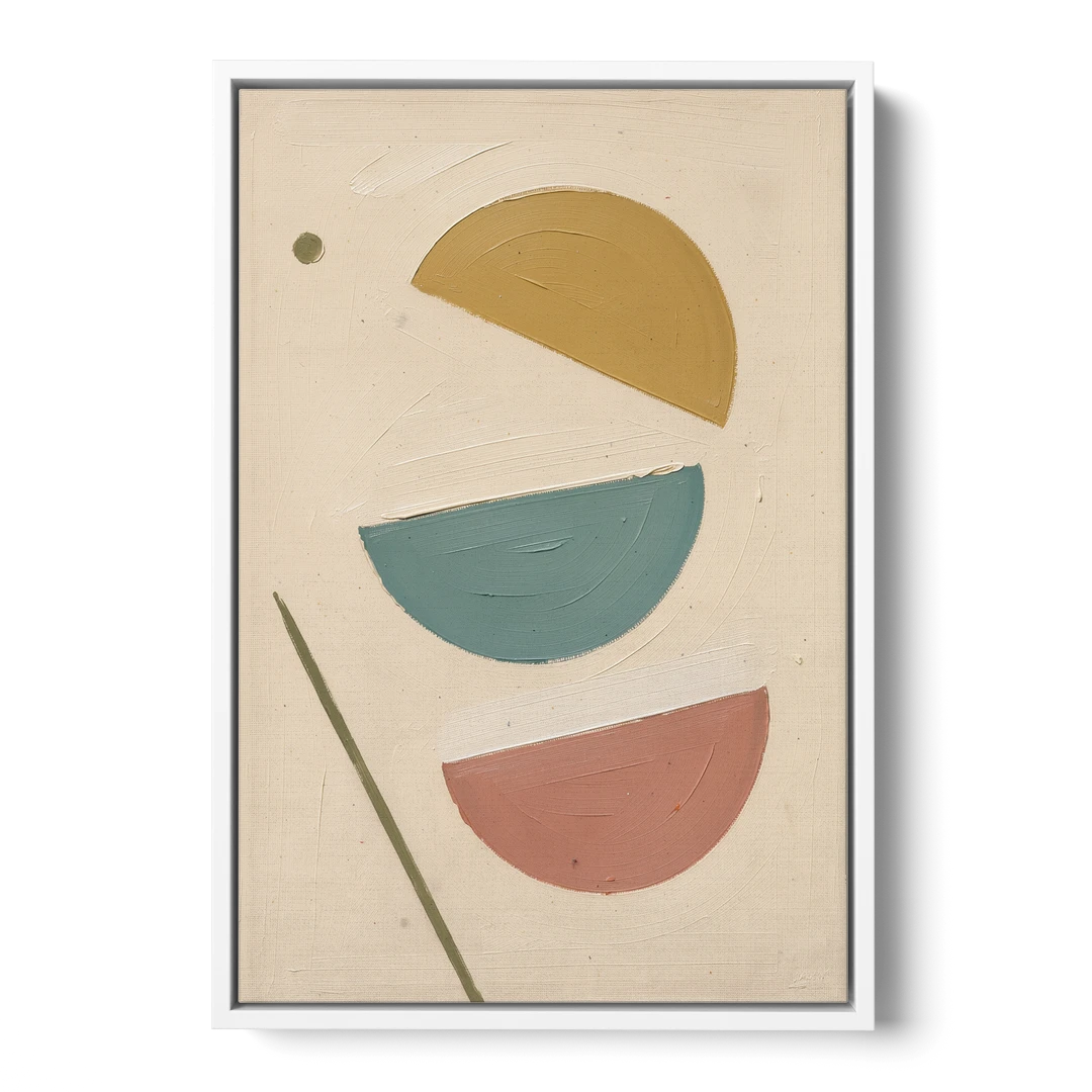 Mid Century Modern Prints of Three Tipping Half Moons - White Framed Canvas Wall Art - Front