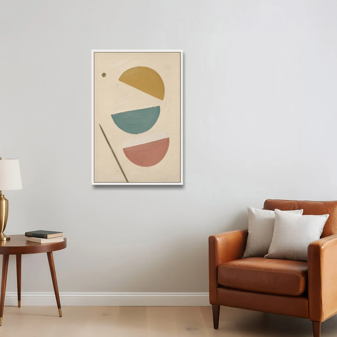 Mid Century Modern Prints of Three Tipping Half Moons - White Framed Canvas Wall Art - Sofa - 24x36