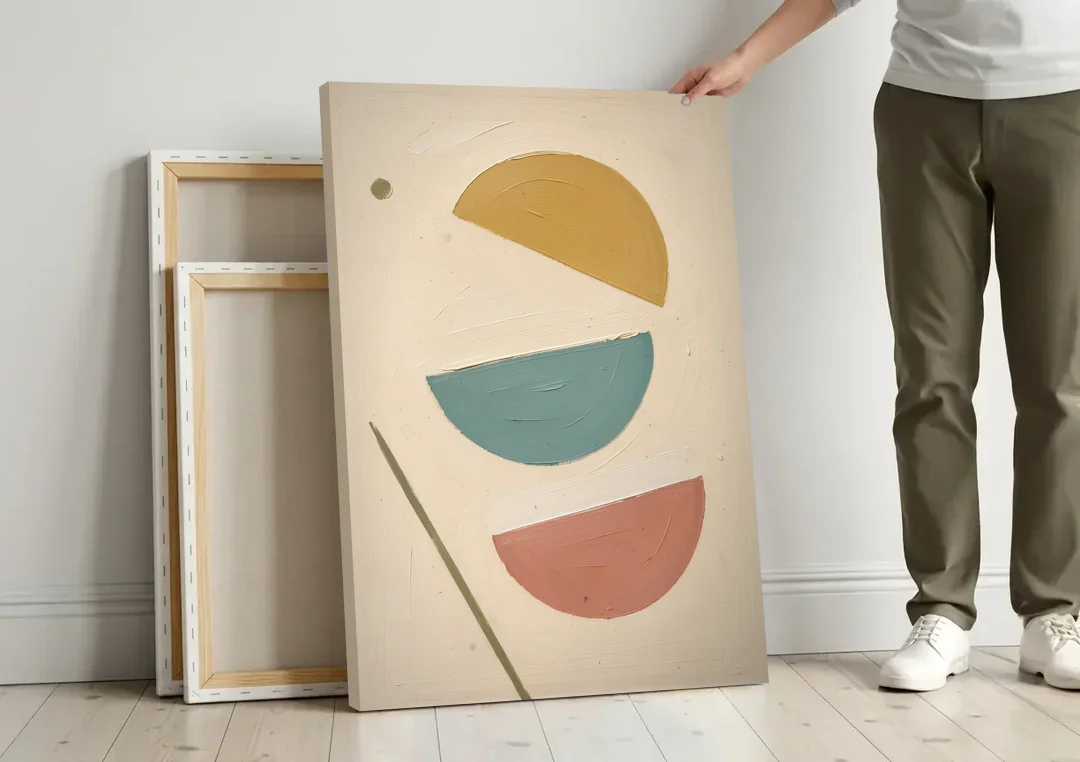 Mid Century Modern Prints of Three Tipping Half Moons canvas wall art leaning against a wall next to blank canvases