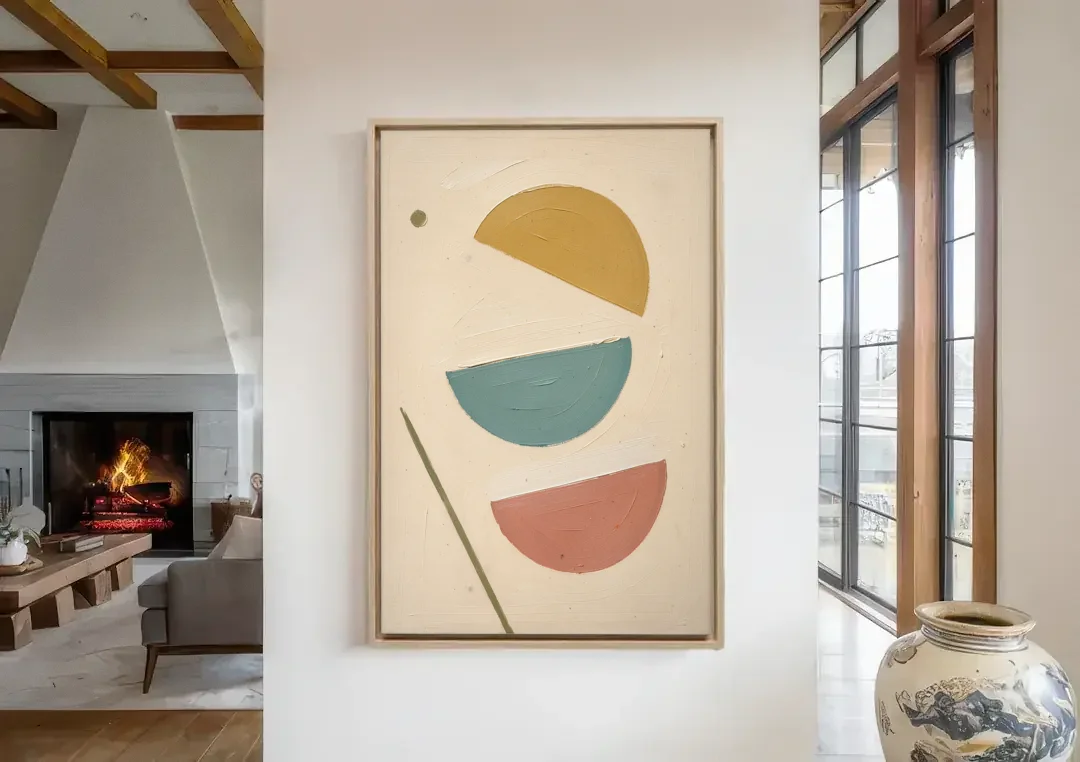 Mid Century Modern Prints of Three Tipping Half Moons canvas wall art in a living room with a fireplace