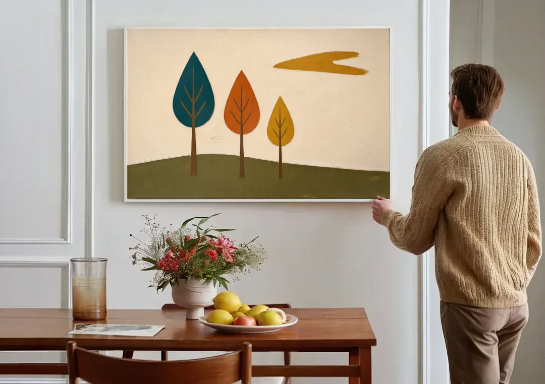 Mid Century Modern Wall Art of Three Trees canvas wall art above a dining table