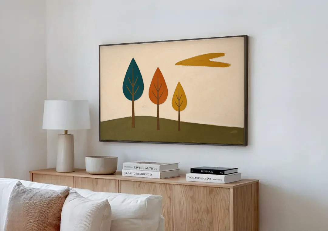 Mid Century Modern Wall Art of Three Trees canvas wall art above a wooden sideboard next to a sofa