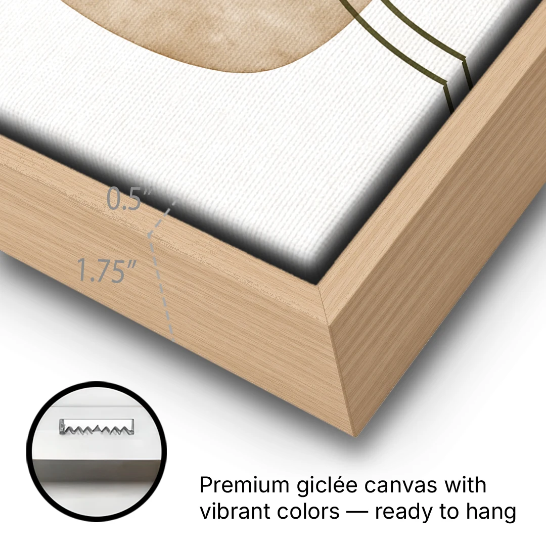 Mid Century Modern Wall Decor Pebble and Olive Arcs - Oak Framed Canvas Wall Art - Gallery Wrap Corner