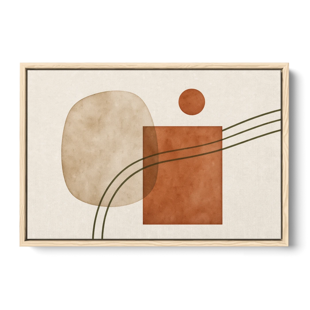 Mid Century Modern Wall Decor Pebble and Olive Arcs - Oak Framed Canvas Wall Art - Front