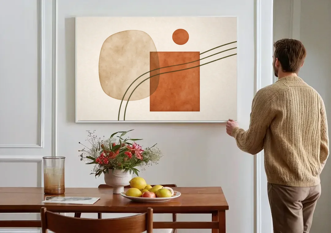 Mid Century Modern Wall Decor Pebble and Olive Arcs canvas wall art above a dining table