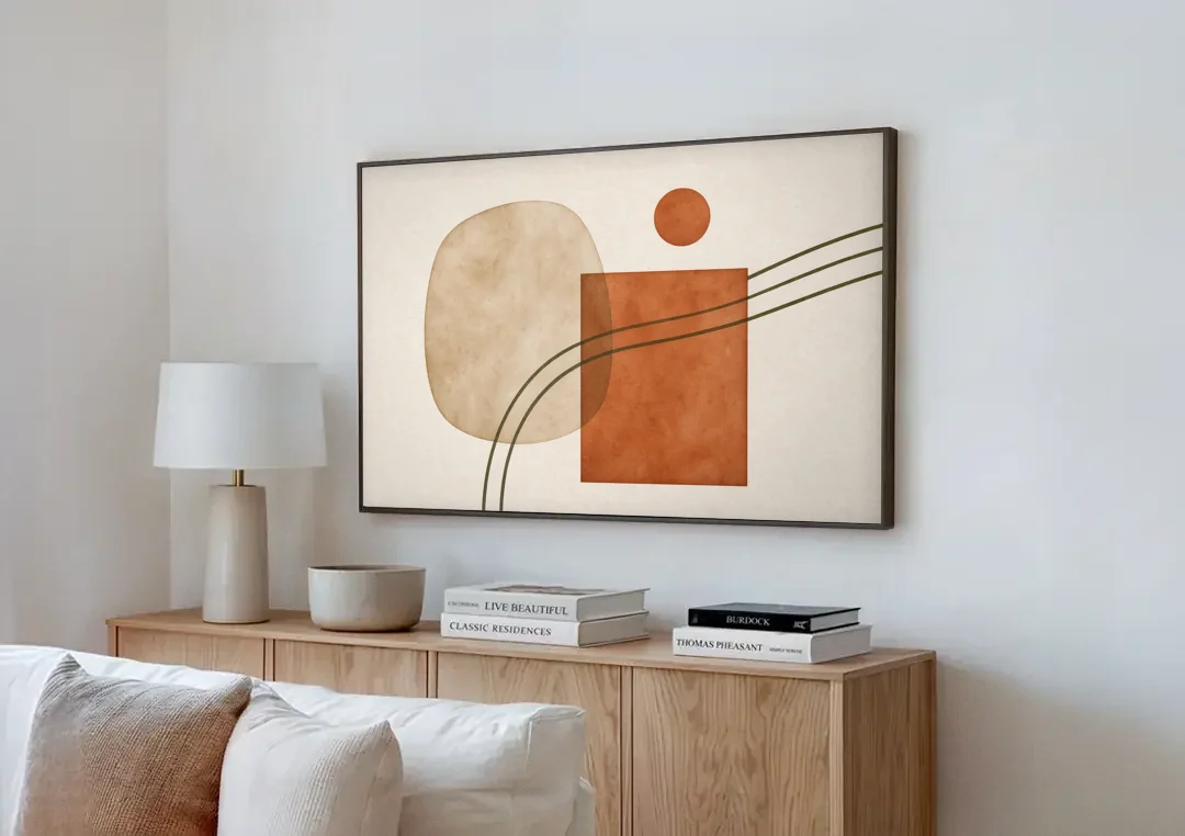 Mid Century Modern Wall Decor Pebble and Olive Arcs canvas wall art above a wooden sideboard next to a sofa