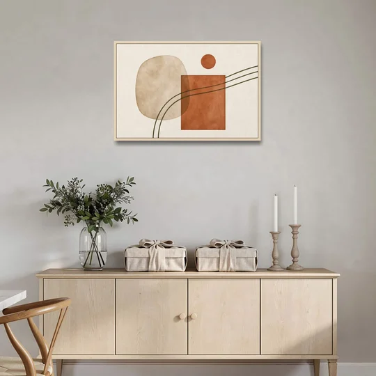 Mid Century Modern Wall Decor Pebble and Olive Arcs - Oak Framed Canvas Wall Art - Coffee Table - 36x24