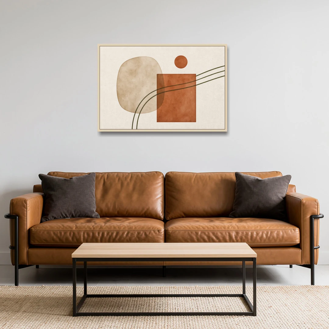 Mid Century Modern Wall Decor Pebble and Olive Arcs - Oak Framed Canvas Wall Art - Sofa - 36x24
