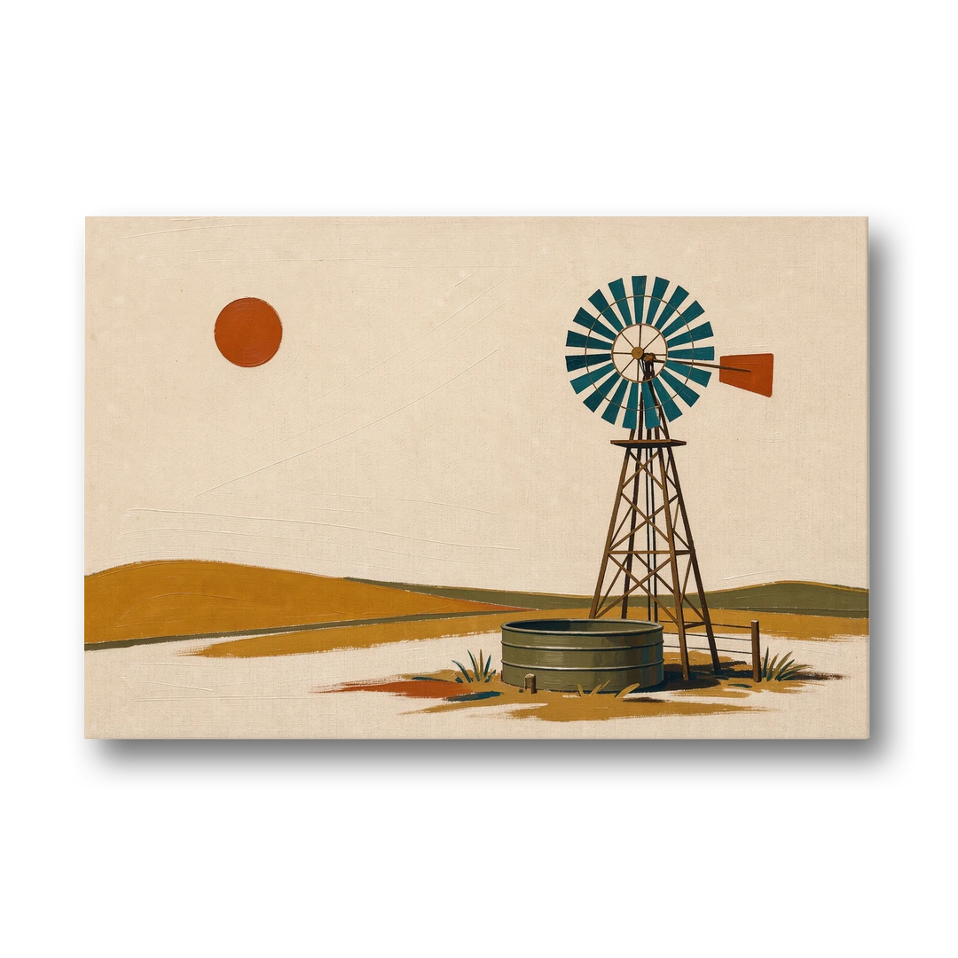 Mid Century Modern Western Art Windmill and Stock Tank - Canvas Wall Art - Front