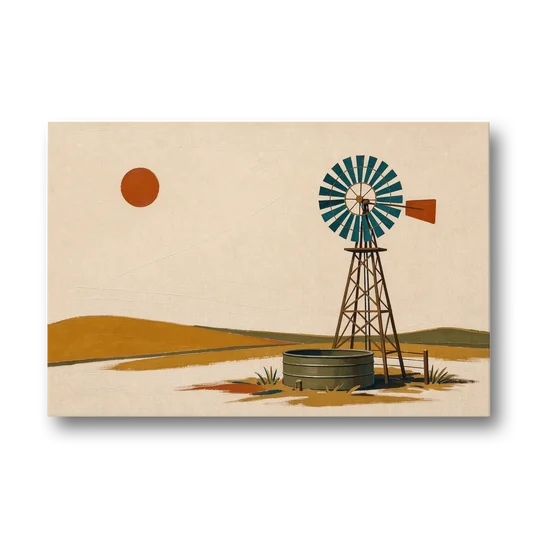 Mid Century Modern Western Art Windmill and Stock Tank - Canvas Wall Art - Front