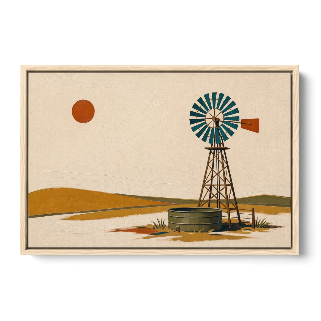 Mid Century Modern Western Art Windmill and Stock Tank - Oak Framed Canvas Wall Art - Front