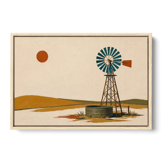 Mid Century Modern Western Art Windmill and Stock Tank - Oak Framed Canvas Wall Art - Front
