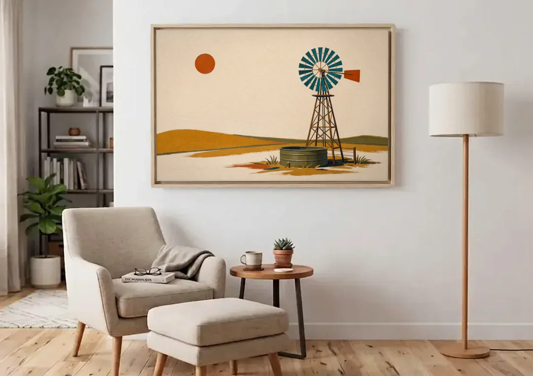 Mid Century Modern Western Art Windmill and Stock Tank canvas wall art above an armchair in a bright living room