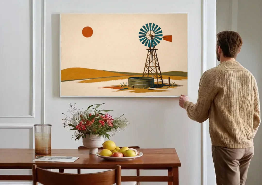 Mid Century Modern Western Art Windmill and Stock Tank canvas wall art above a dining table
