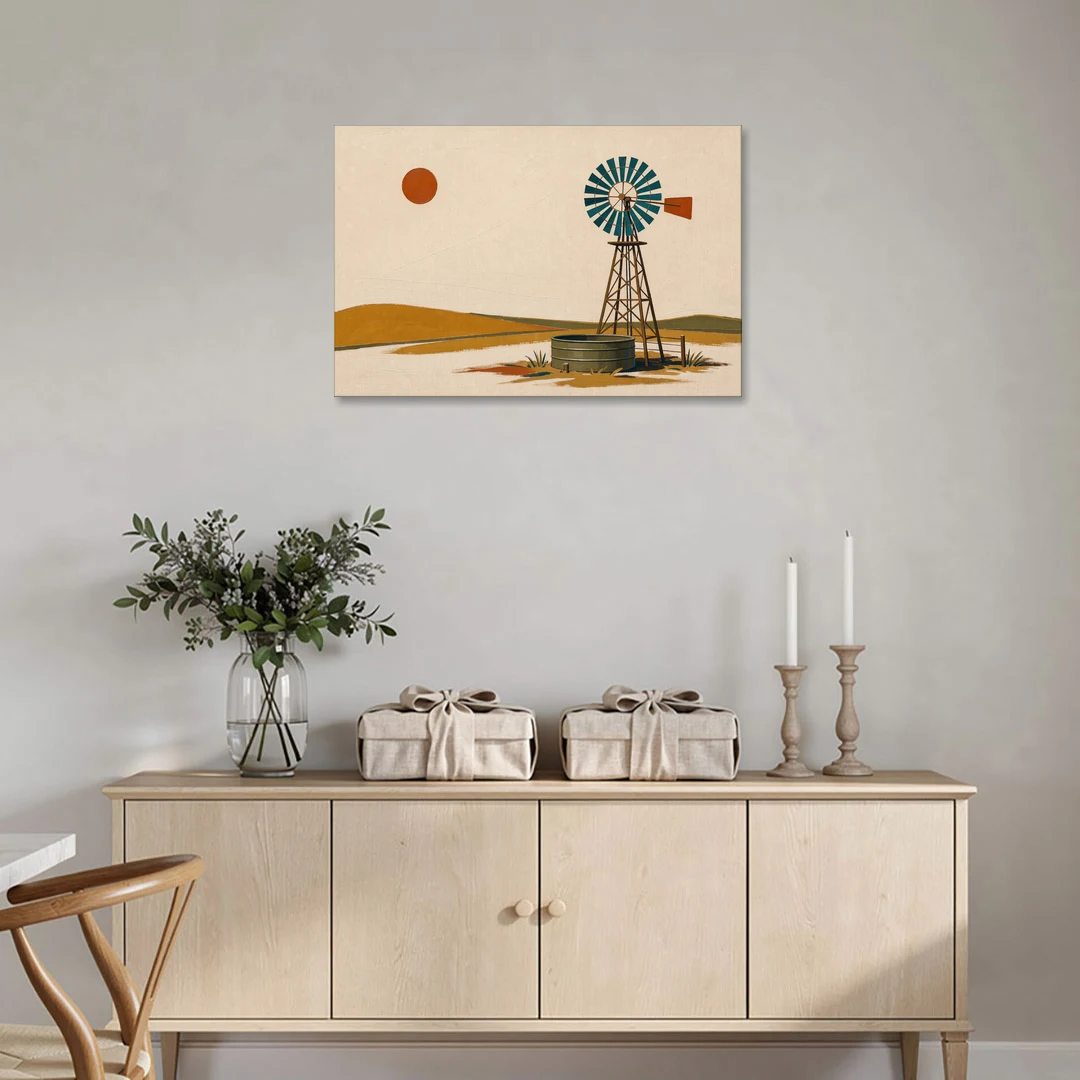 Mid Century Modern Western Art Windmill and Stock Tank - Canvas Wall Art - Coffee Table - 36x24