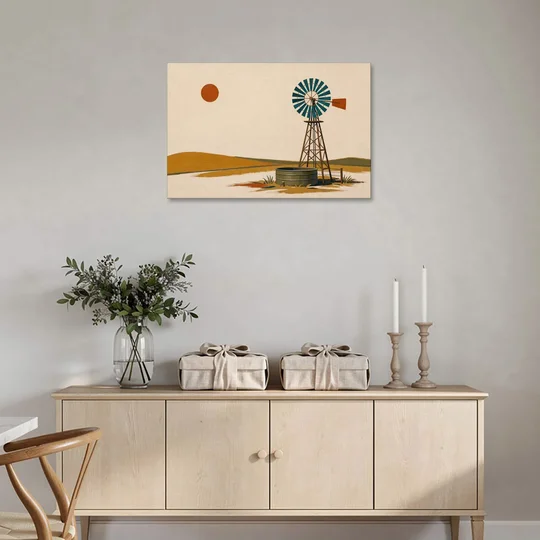 Mid Century Modern Western Art Windmill and Stock Tank - Canvas Wall Art - Coffee Table - 36x24