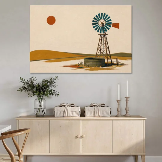 Mid Century Modern Western Art Windmill and Stock Tank - Canvas Wall Art - Coffee Table - 60x40