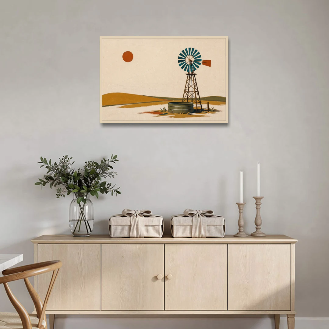 Mid Century Modern Western Art Windmill and Stock Tank - Oak Framed Canvas Wall Art - Coffee Table - 36x24