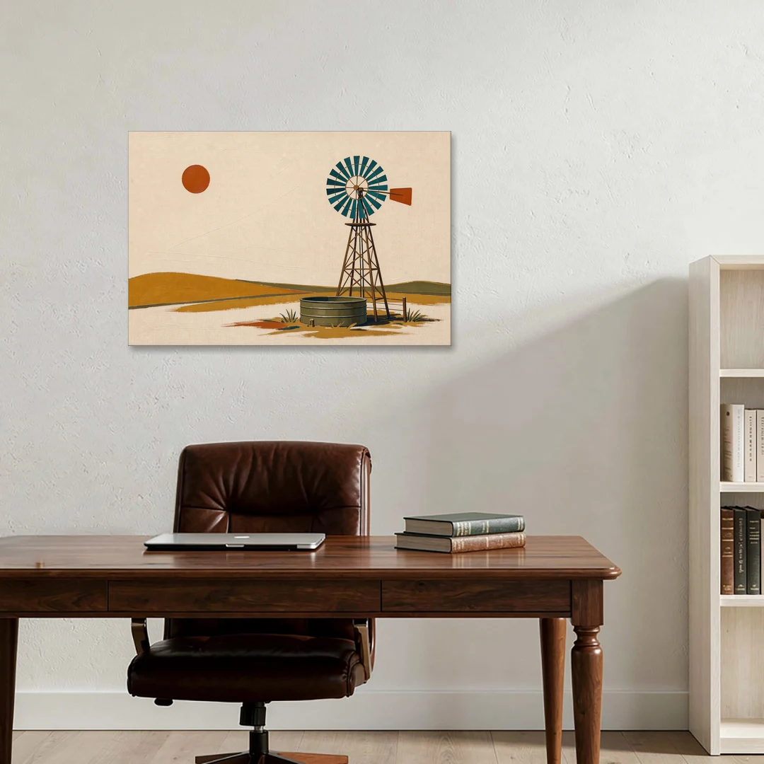 Mid Century Modern Western Art Windmill and Stock Tank - Canvas Wall Art - Office - 36x24