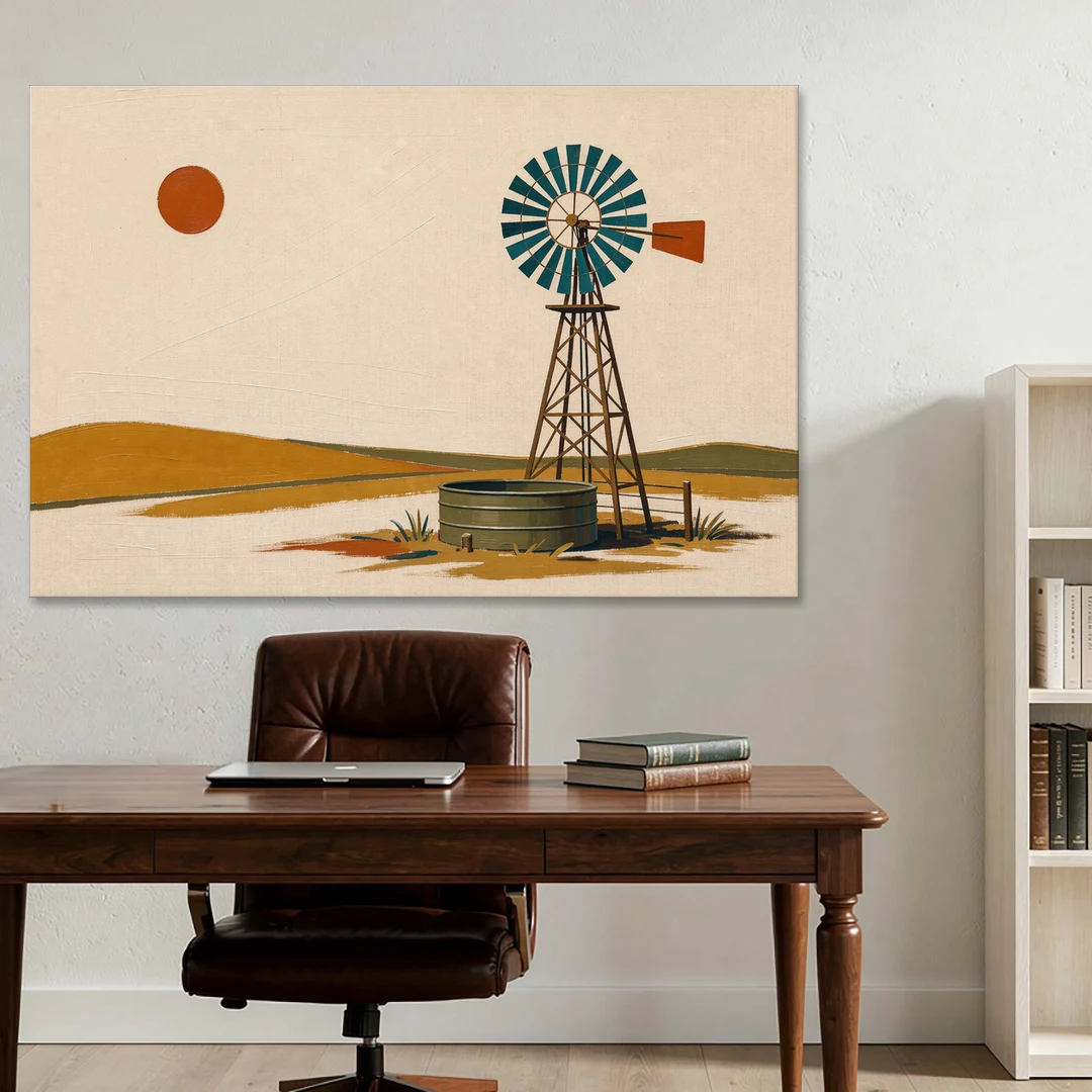 Mid Century Modern Western Art Windmill and Stock Tank - Canvas Wall Art - Office - 60x40