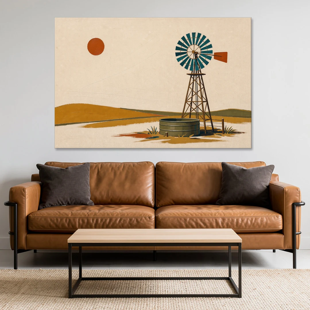 Mid Century Modern Western Art Windmill and Stock Tank - Canvas Wall Art - Sofa - 60x40
