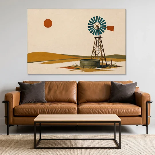 Mid Century Modern Western Art Windmill and Stock Tank - Canvas Wall Art - Sofa - 60x40