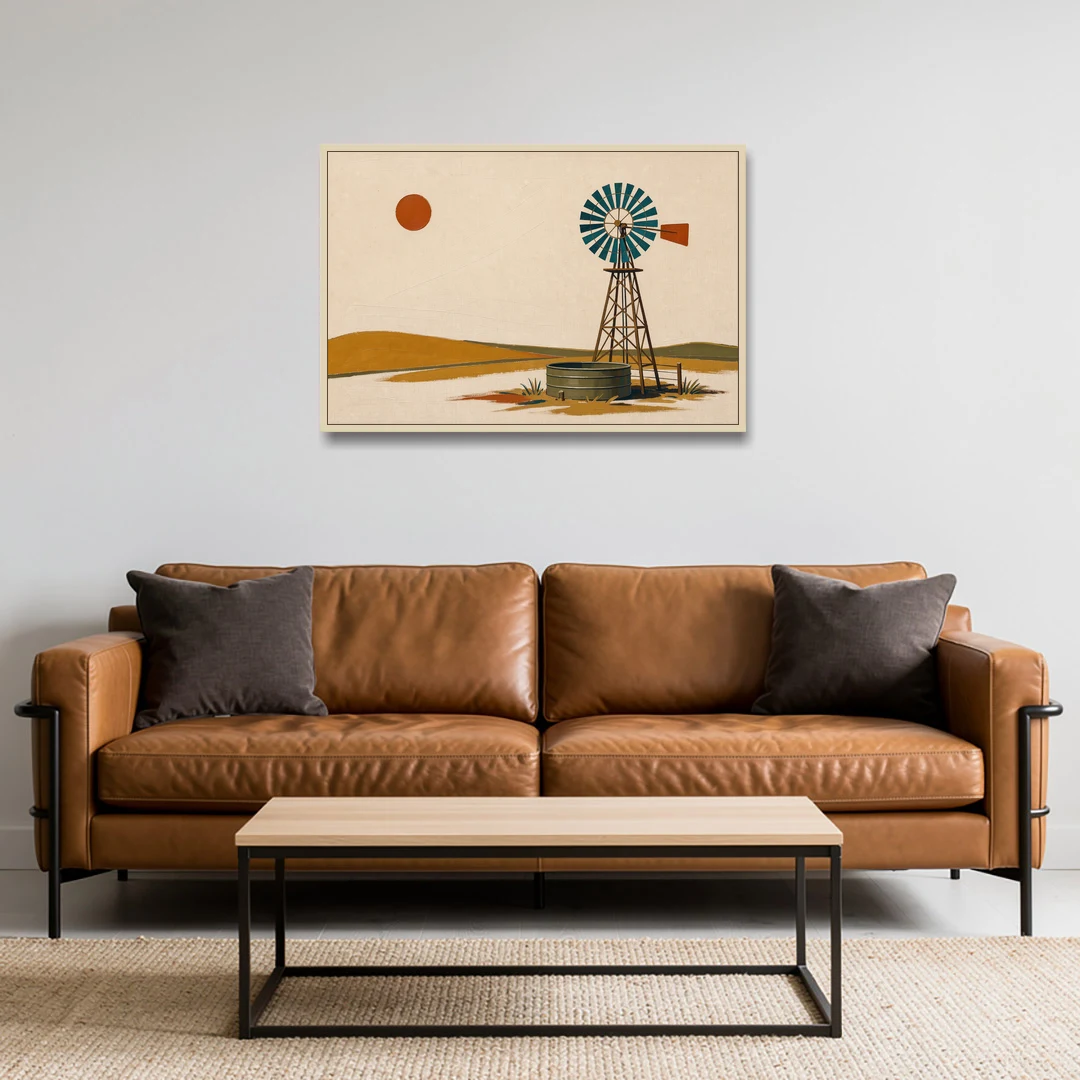 Mid Century Modern Western Art Windmill and Stock Tank - Oak Framed Canvas Wall Art - Sofa - 36x24