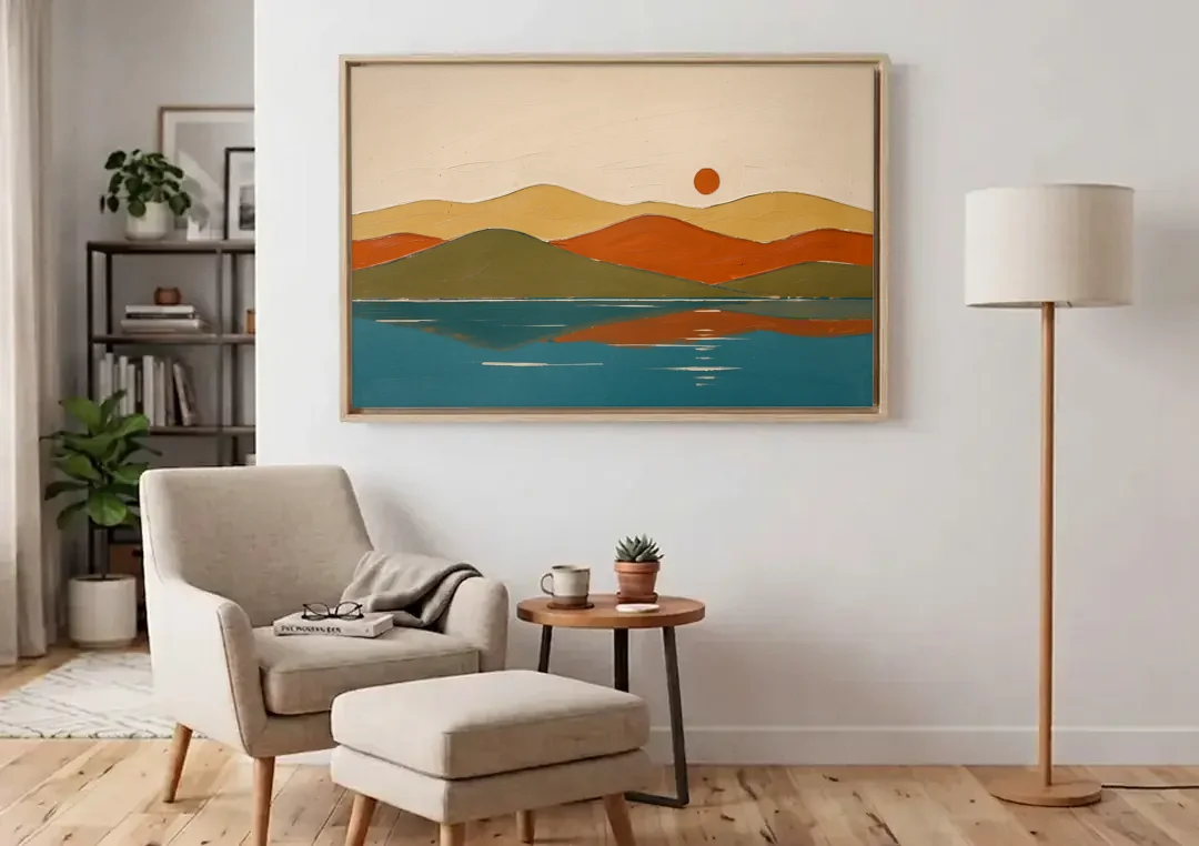 Mid Century Wall Art of Dome Hills at Sunrise canvas wall art above an armchair in a bright living room