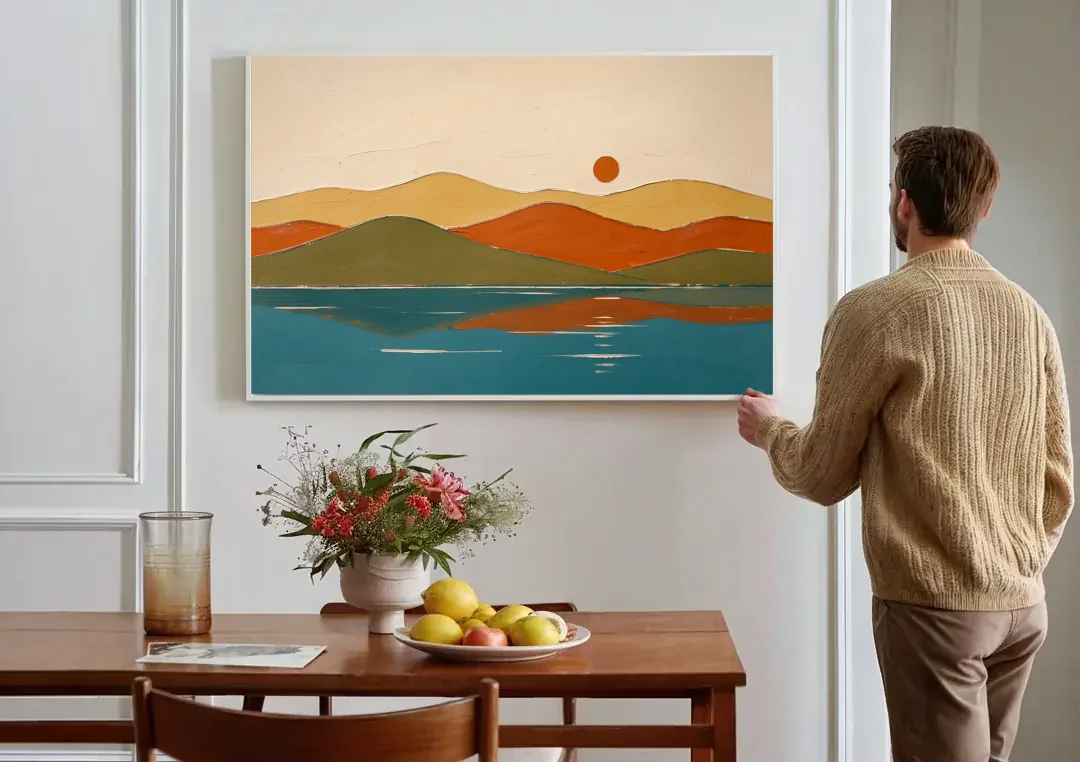 Mid Century Wall Art of Dome Hills at Sunrise canvas wall art above a dining table