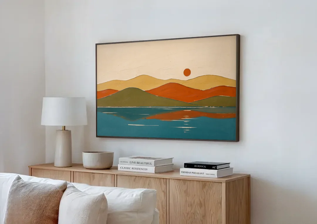 Mid Century Wall Art of Dome Hills at Sunrise canvas wall art above a wooden sideboard next to a sofa