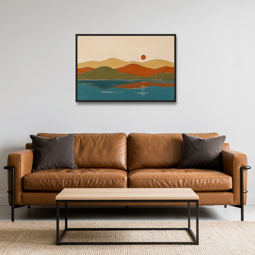 Mid Century Wall Art of Dome Hills at Sunrise - Black Framed Canvas Wall Art - Sofa - 36x24